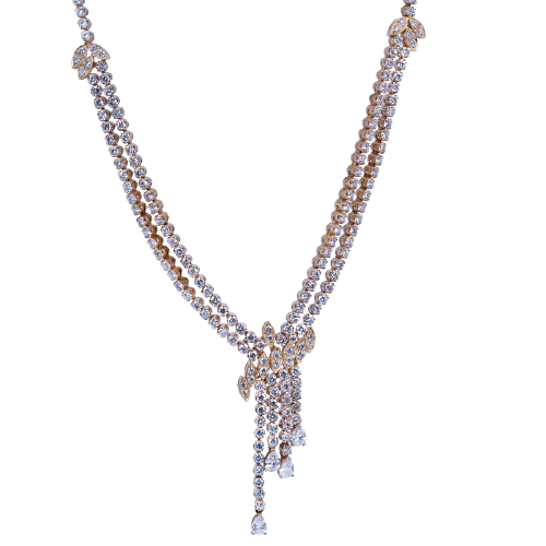 Yellow gold two-strand diamond drop necklace.