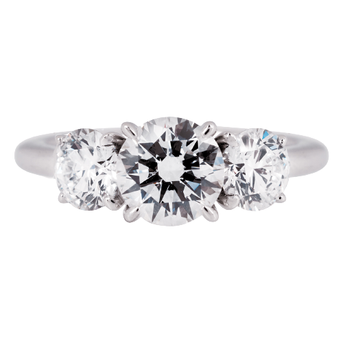 White gold three-stone lab-grown diamond engagement ring.