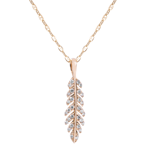 Yellow gold feather pendant set with diamonds.