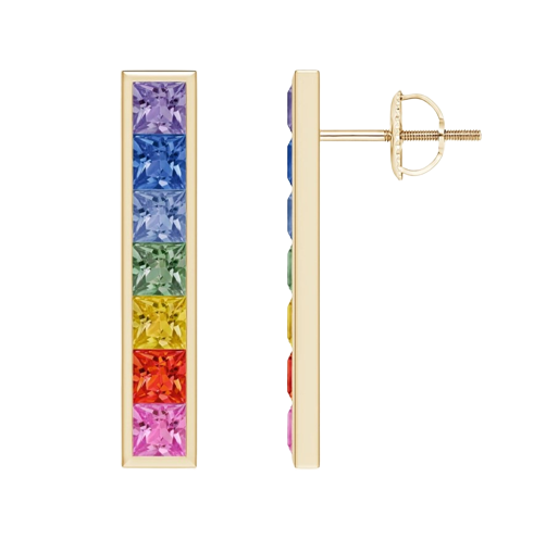 Yellow gold rectangle drop earrings set with rainbow sapphires.