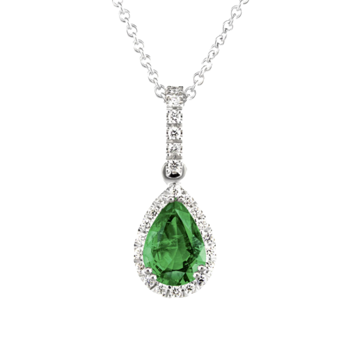 White gold Venetti emerald pendant with a diamond halo.