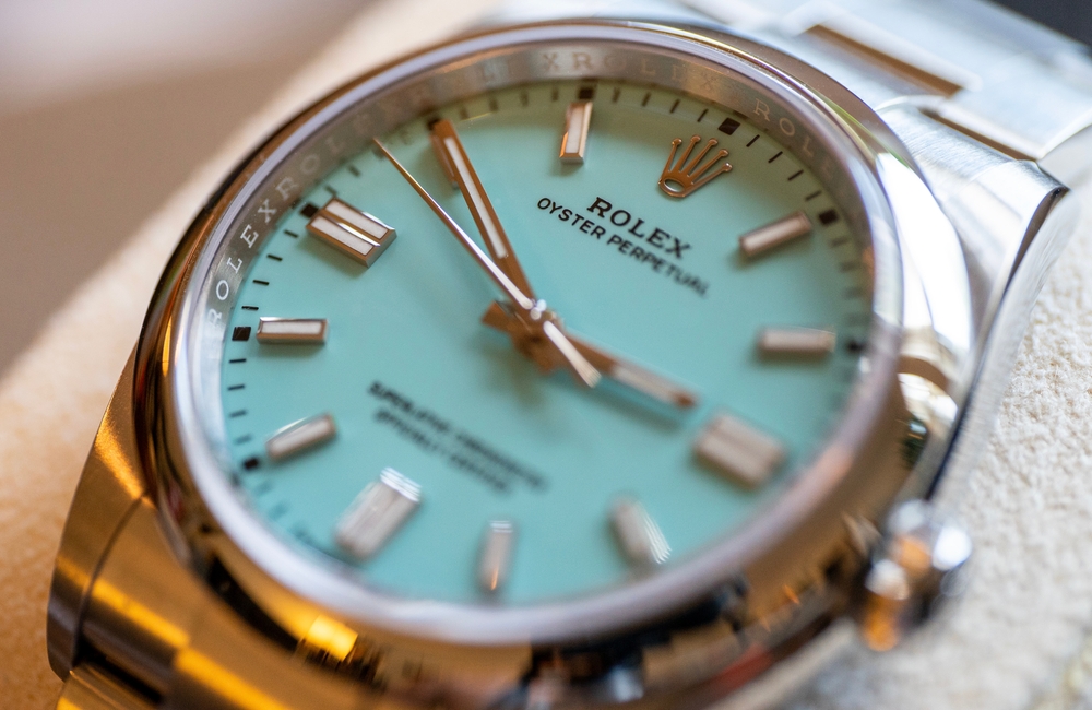 Stainless steel Tiffany & Co. Rolex with a blue dial.