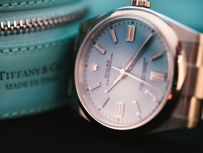 Stainless steel Tiffany & Co. Rolex with a blue dial.