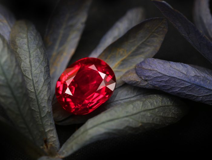 an oval cut ruby sitting on a leaf