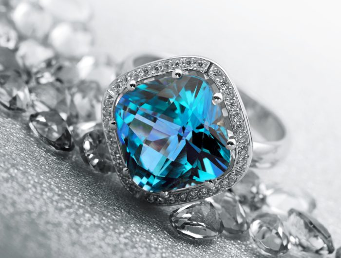 blue zircon ring with diamond halo