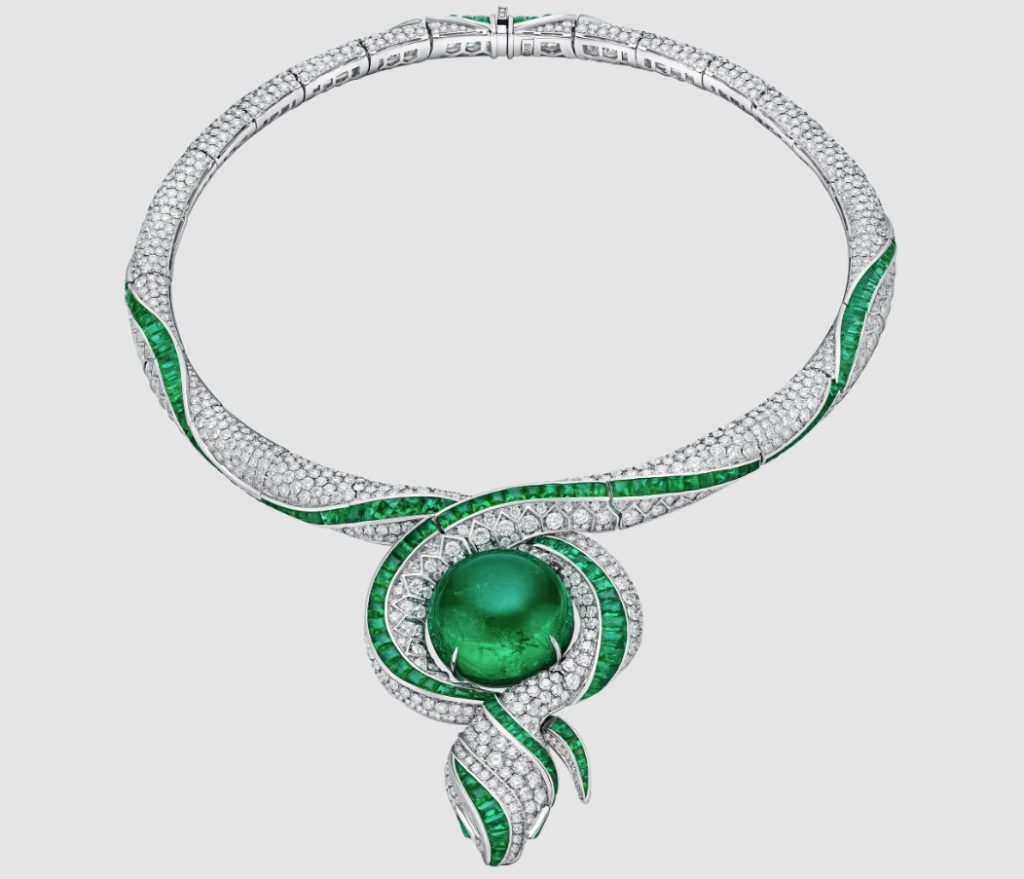 bulgari snake pendant set with emeralds and diamonds and one giant emerald cabochon