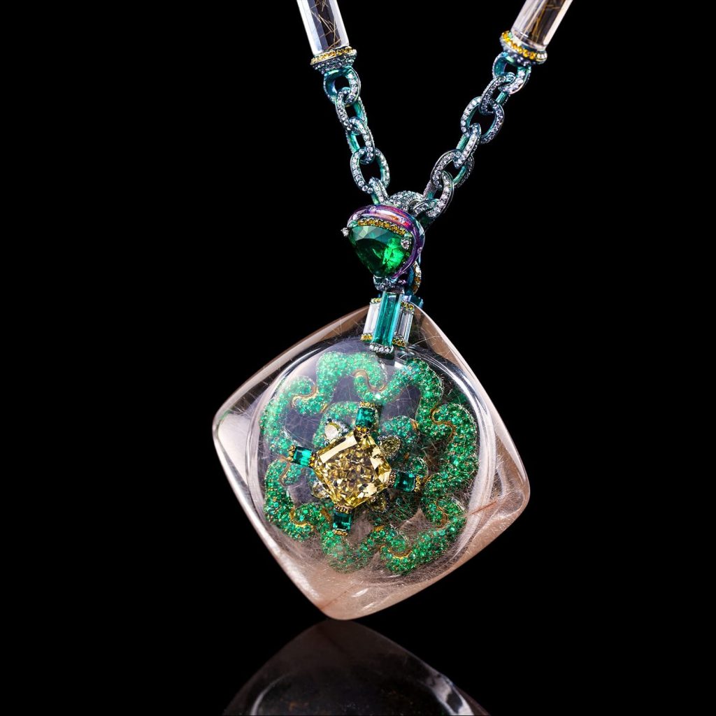 rutilated quartz, emerald, and diamond pendant