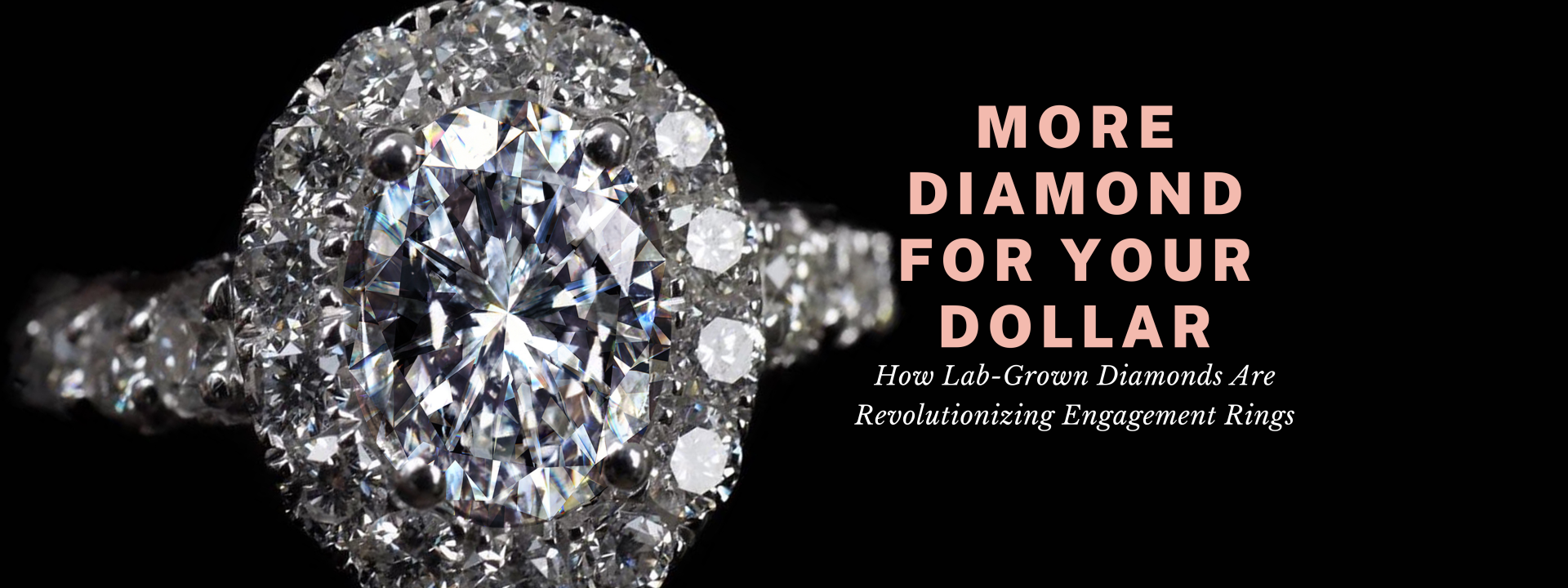 Diamond engagement ring on black background with text “More Diamond For Your Dollar. How Lab-Grown Diamonds Are Revolutionizing Engagement Rings”.