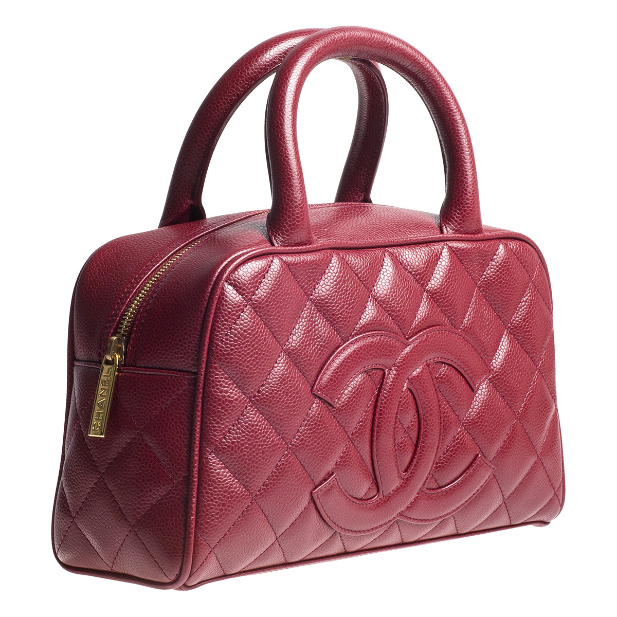 Vintage Chanel Quilted Red Caviar Bowler Handbag