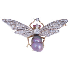Antique 1.50 CTW Diamond & Natural Pearl Insect Brooch