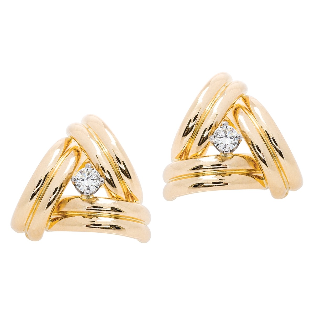 gold triangular earrings with round diamonds in the center