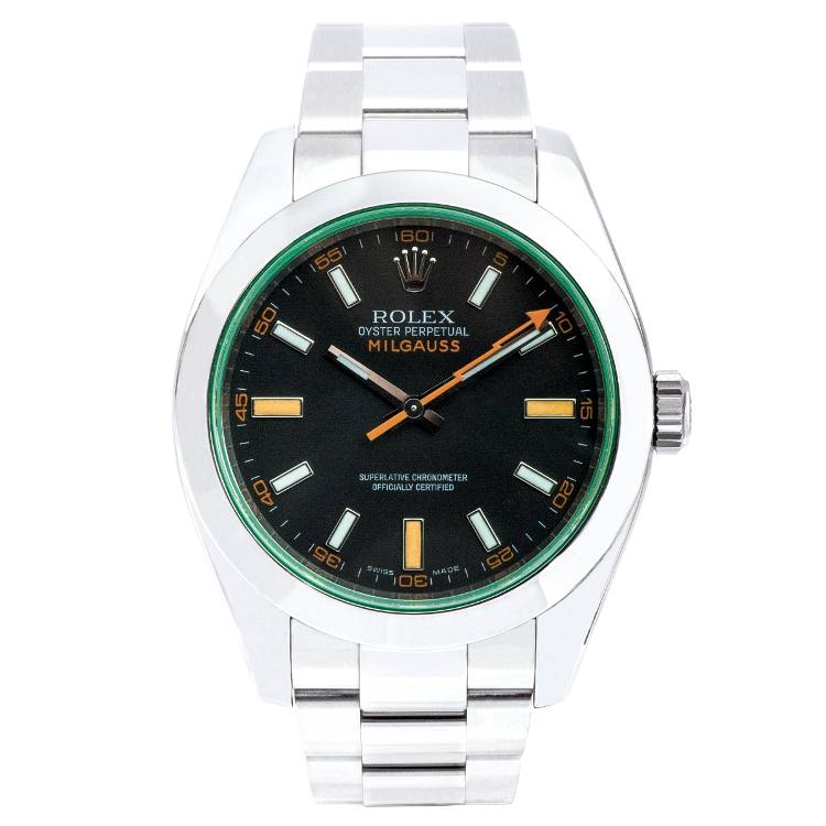 Stainless steel Rolex with a black and green dial