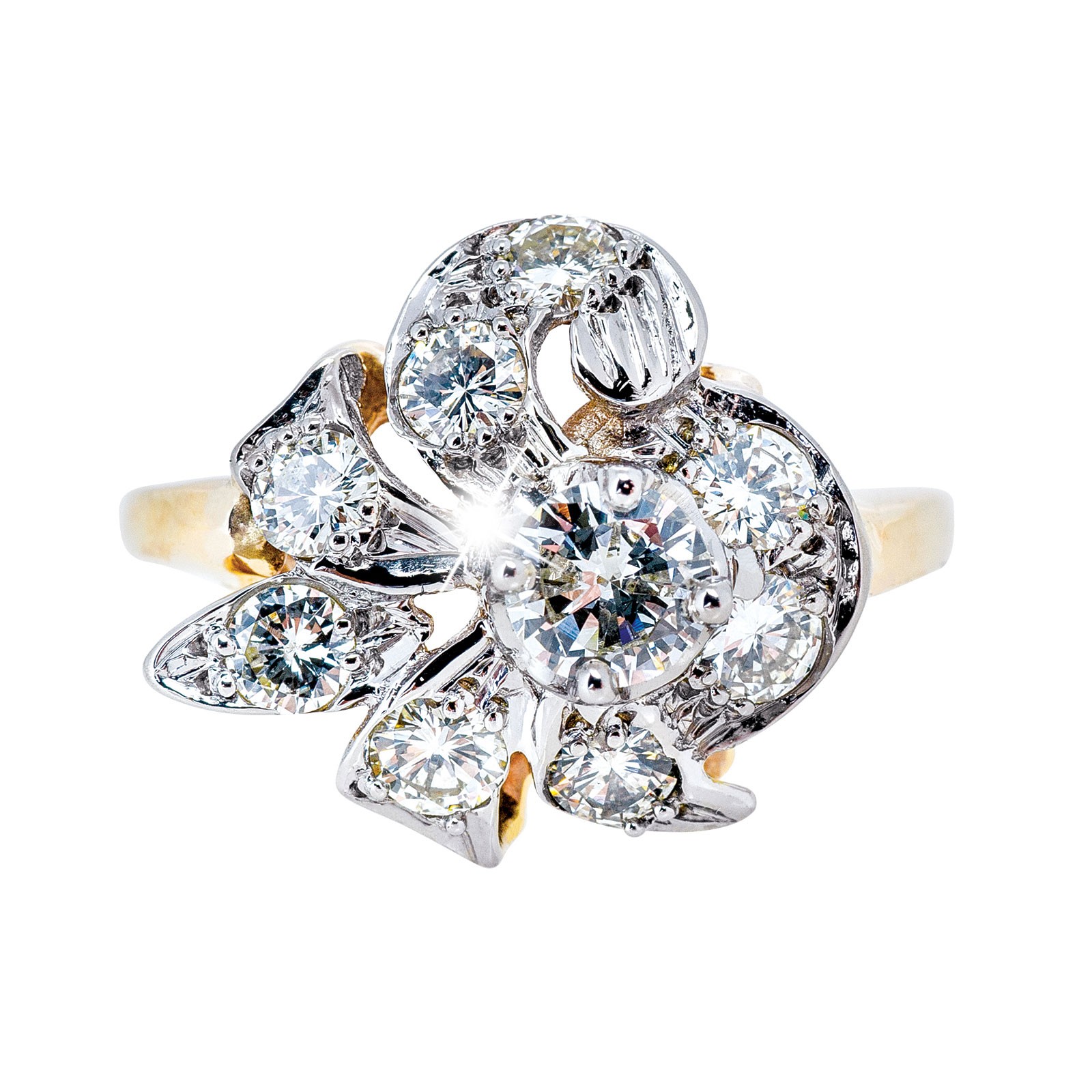 a fancy flower diamond ring set in yellow gold