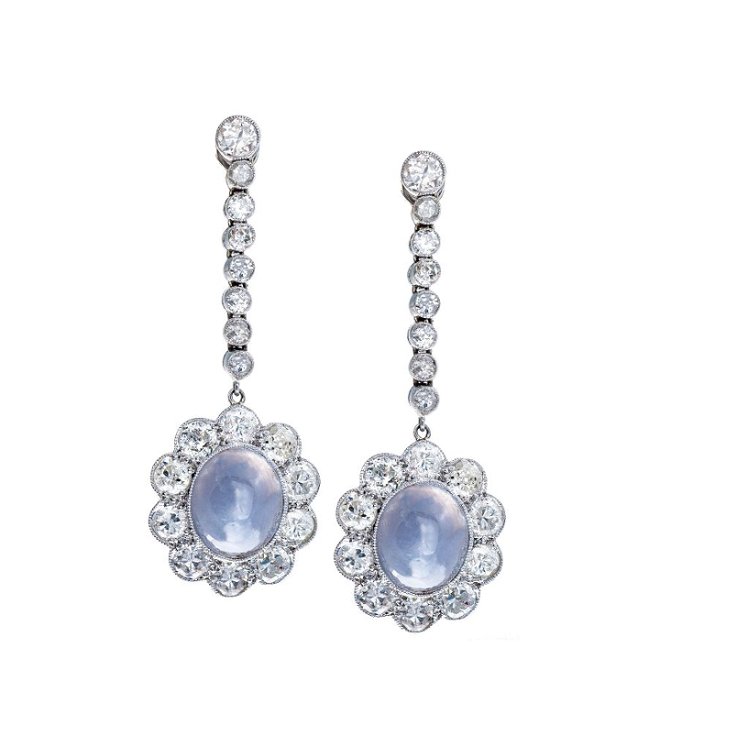 moonstone cabochon drop earrings accented with diamonds