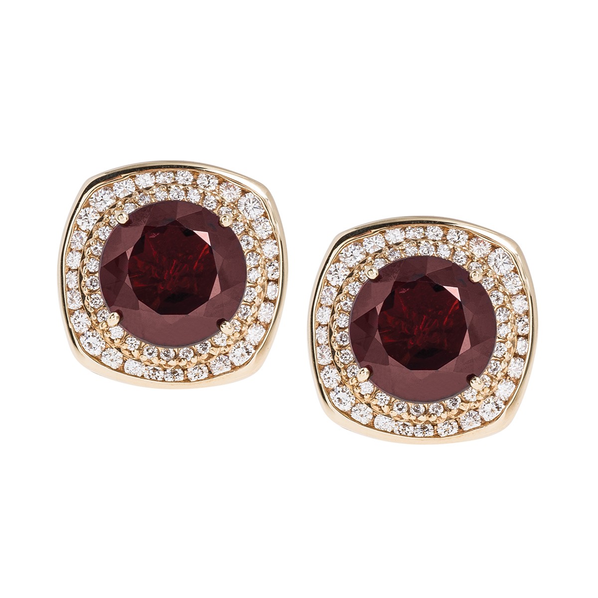 deep red gemstone stud earrings surrounded by diamond haloes