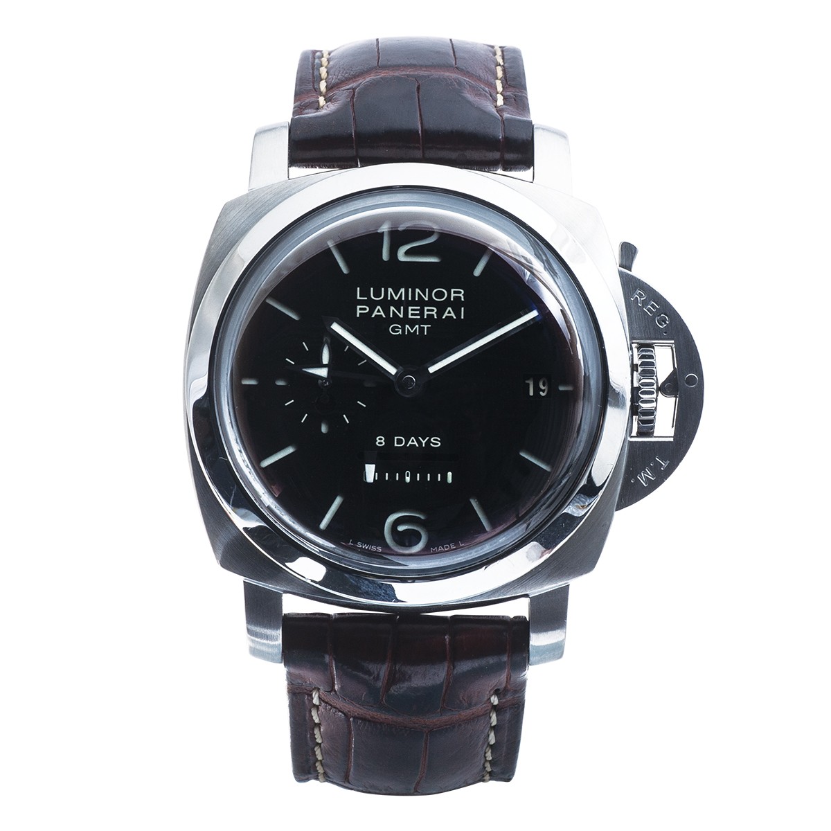 stainless steel watch with a black dial and brown leather strap