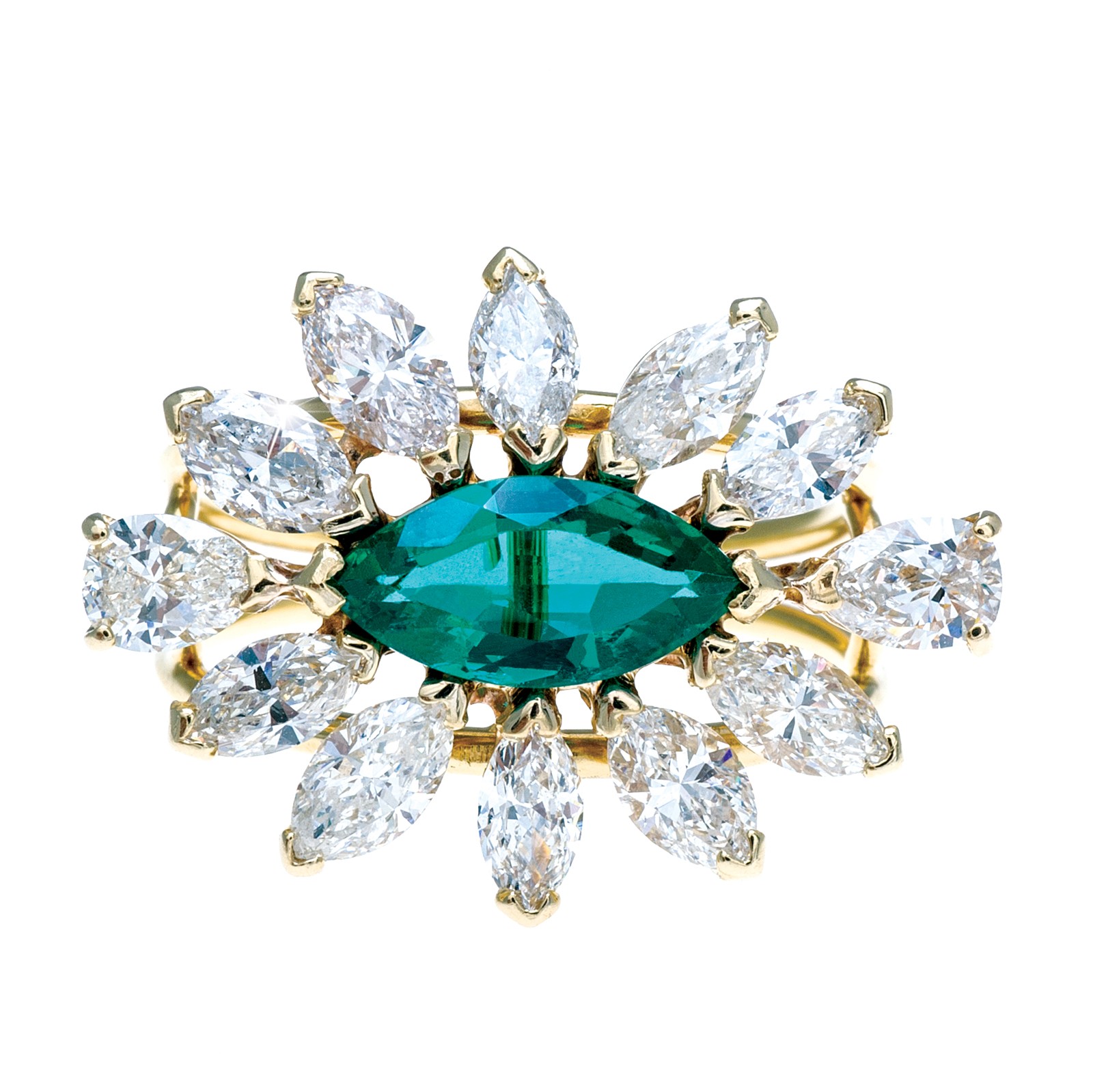 a marquise emerald surrounded by marquise diamonds