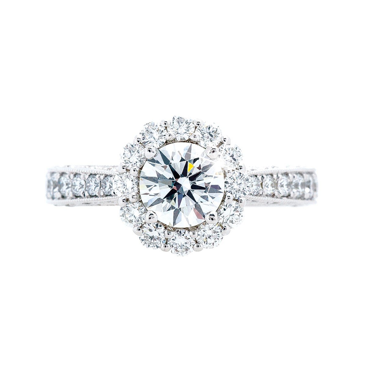 diamond halo engagement ring with diamonds in the band