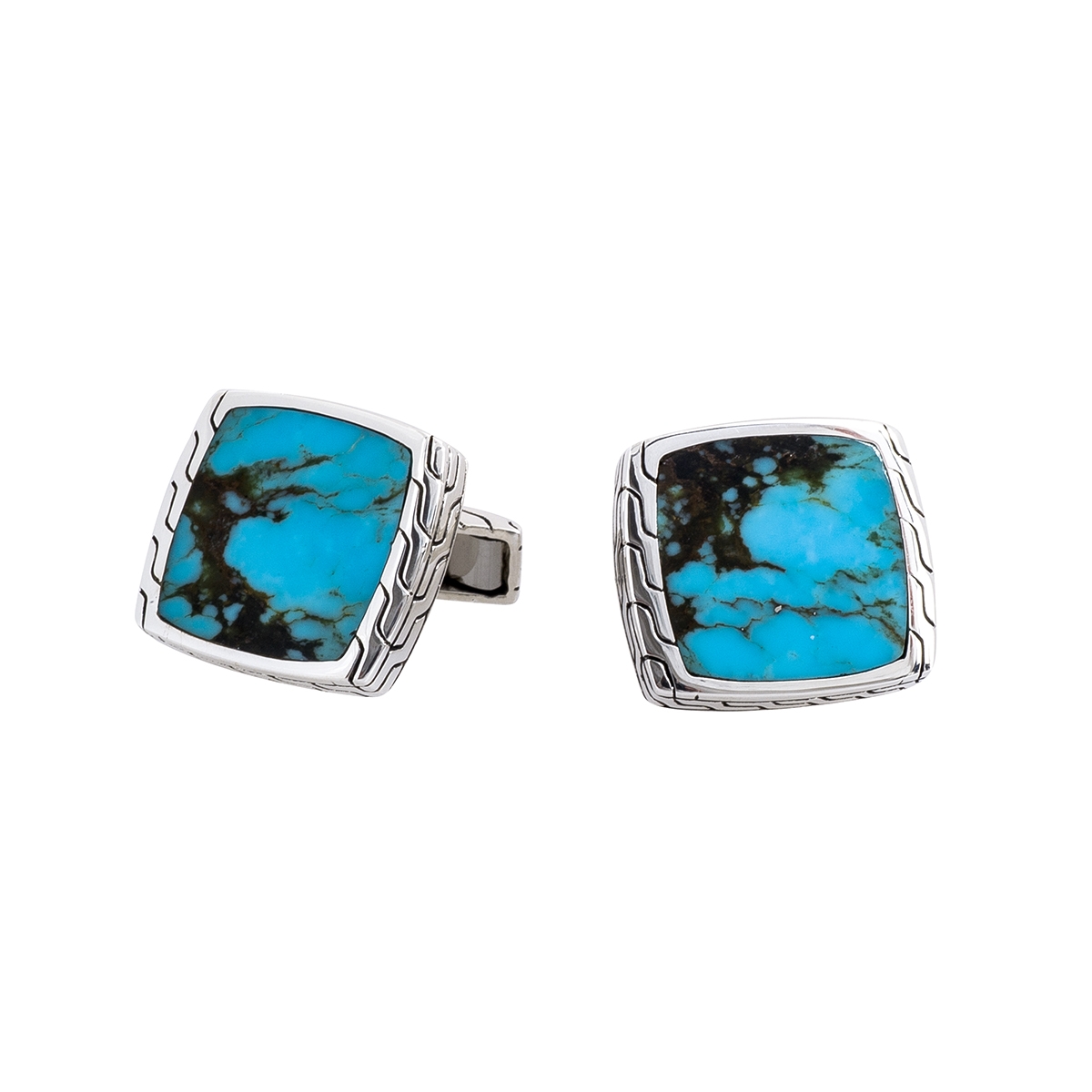 cushion shaped turquoise stud earrings set in engraved sterling silver