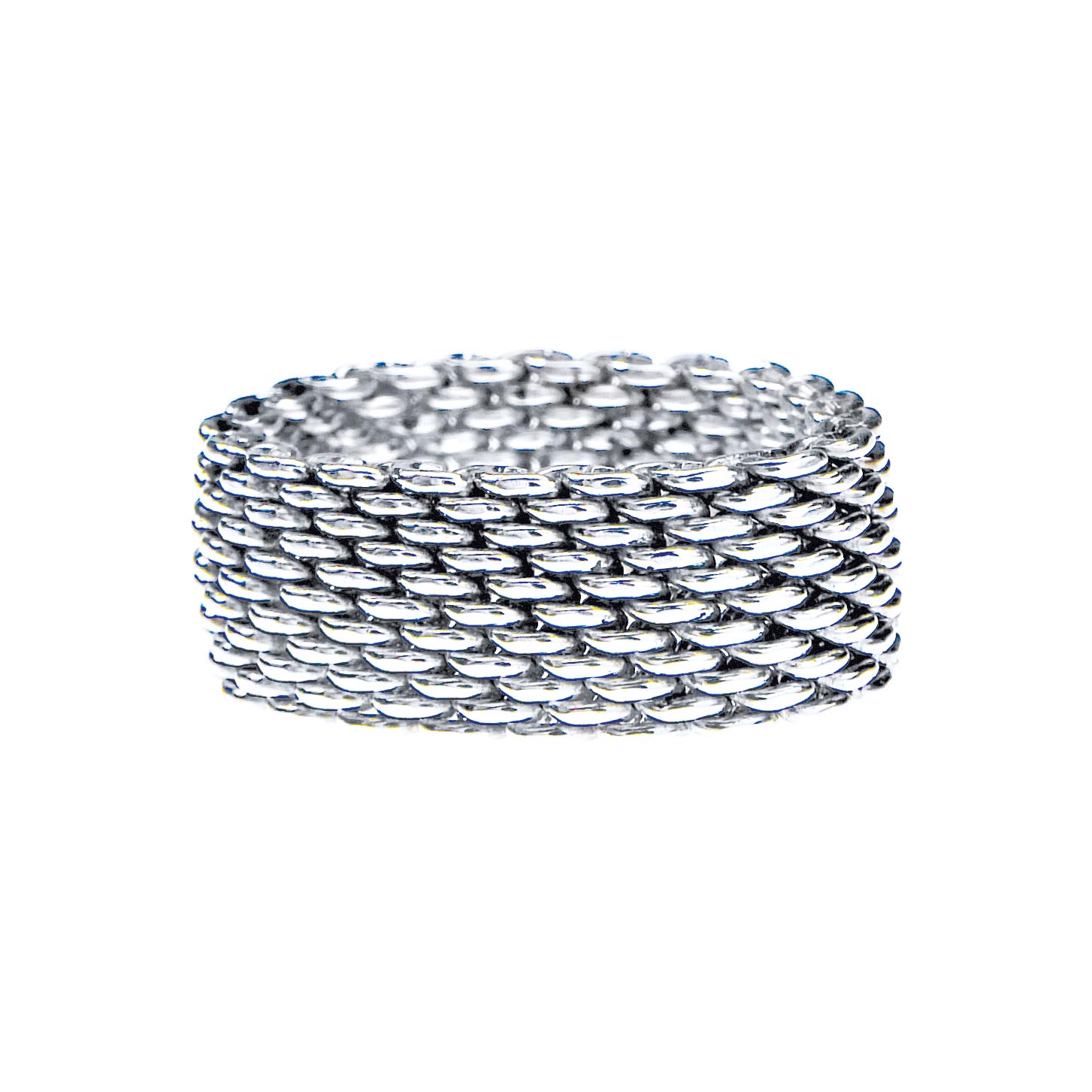 a wide white gold chain linked ring 