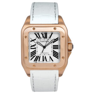 yellow gold and white leather cartier watch