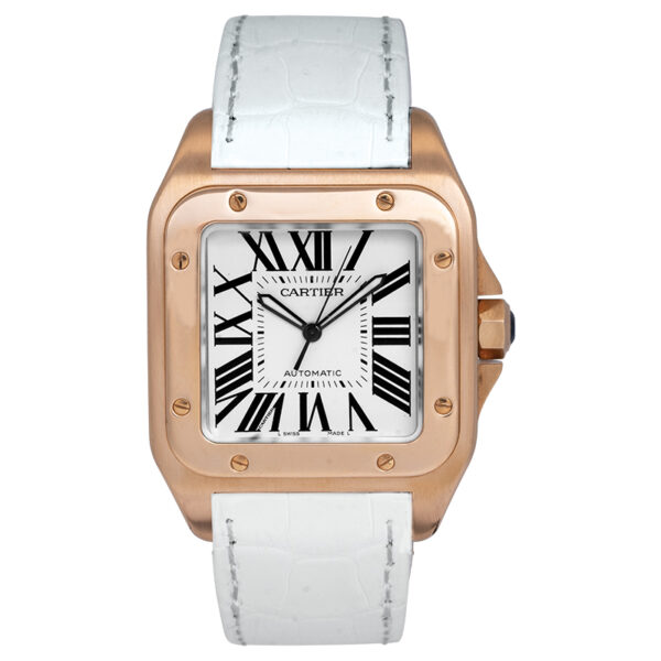 yellow gold and white leather cartier watch