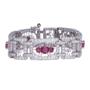 Wide vintage style diamond bracelet with rubies