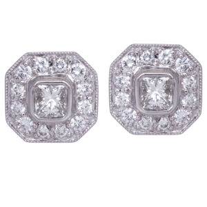 square princess diamond halo earrings in white gold