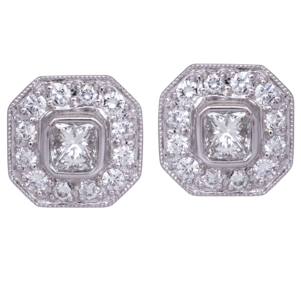 square princess diamond halo earrings in white gold