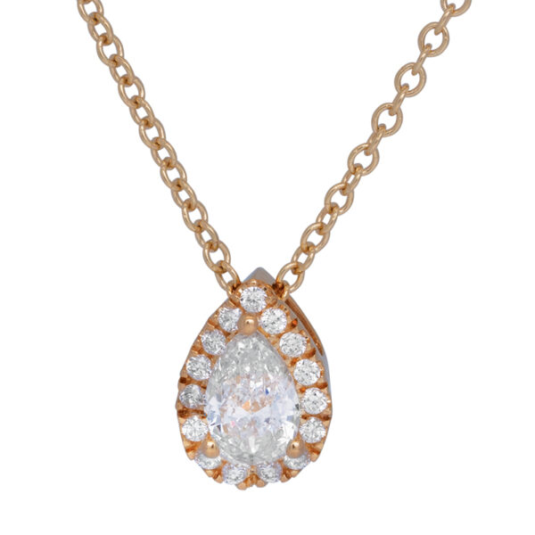 yellow gold pear shaped diamond halo on a yellow gold necklace