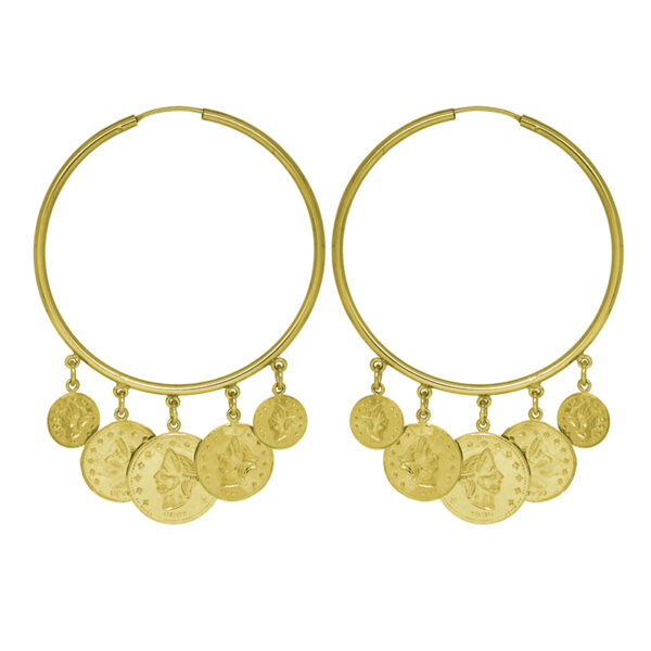 gold hoop earrings with dangling gold coins