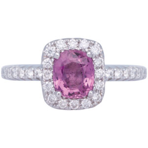 white gold pink sapphire & diamond halo ring