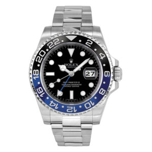 stainless steel rolex watch with a black dial and black and blue bezel