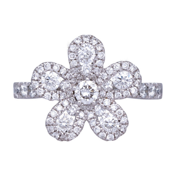 white gold flower ring set with diamonds