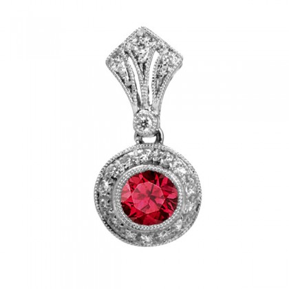 White gold pendant centered with a ruby surrounded by a diamond halo and diamond
bail.
