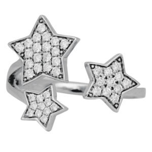 white gold ring with 3 different size stars filled with diamonds