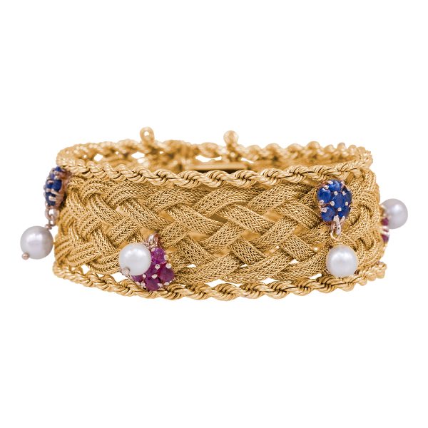 Vintage 14K Gold Pearl, Sapphire, & Ruby Woven Bracelet