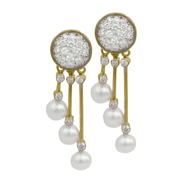 Vintage 0.85 CTW Diamond & Akoya Pearl Drop Earrings