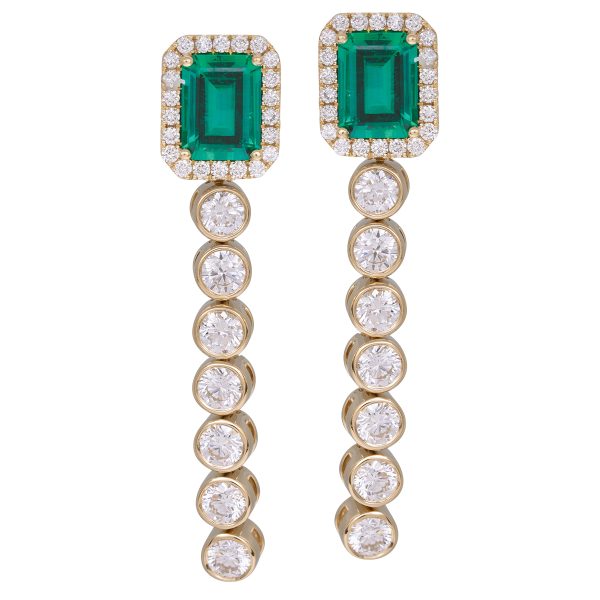 New Chatham 5.39 Carats Lab-Grown Emerald & Diamond Drop Earrings