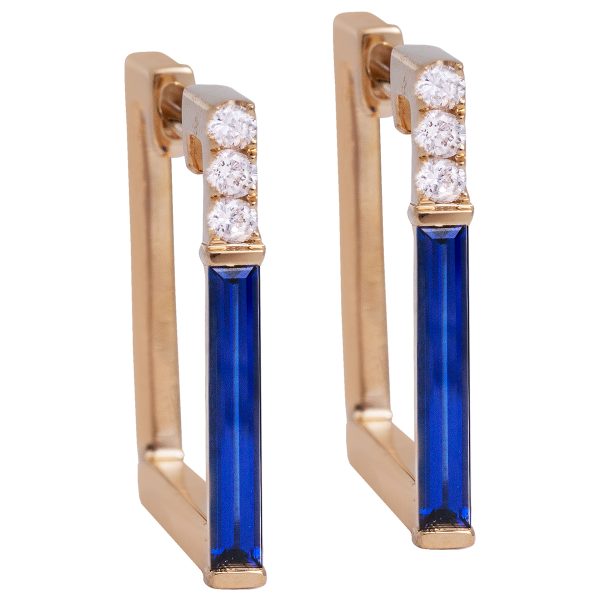 New Chatham 1.27 Carats Lab-Grown Blue Sapphire & Diamond Square Hoop Earrings