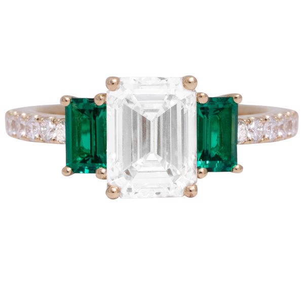 New Chatham 2.74 Carats Lab-Grown Emerald & Diamond 3-Stone Ring