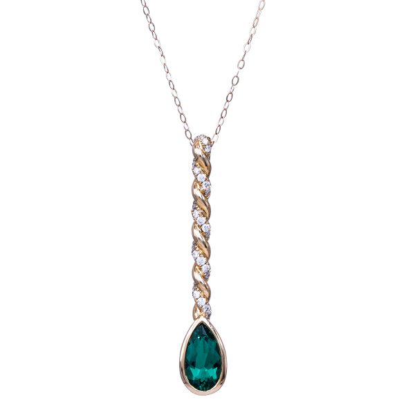 New Chatham 1.23 Carats Lab-Grown Emerald & Diamond Twisted Drop Pendant