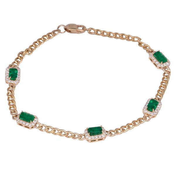 New 1.72 Carats Emerald & Diamond Station Chain Link Bracelet