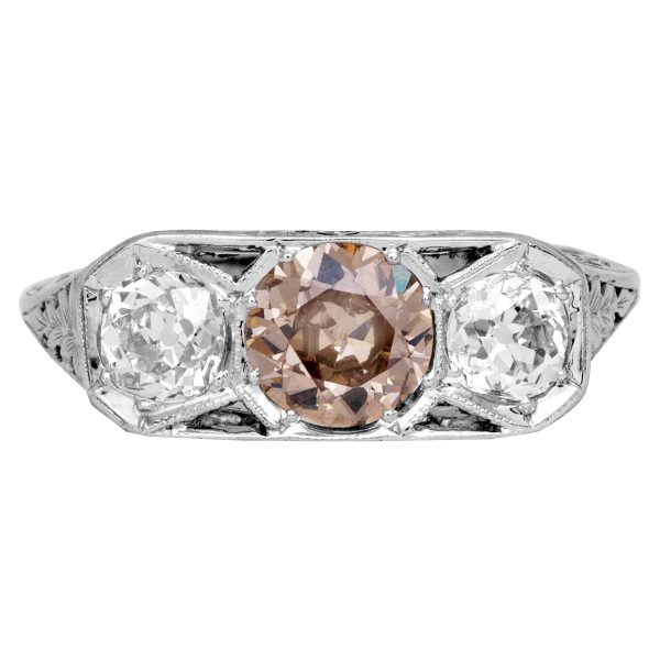 Antique 1.73 Carats Champagne & White Diamond 3-Stone Ring