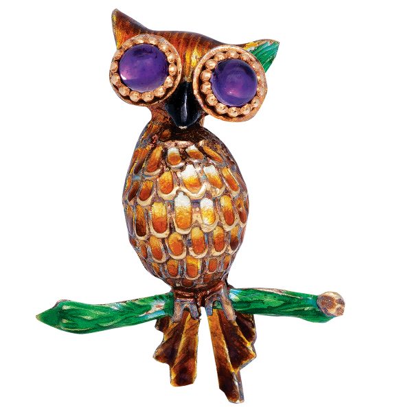 Vintage 1.00 Carat Amethyst Enameled Owl Brooch