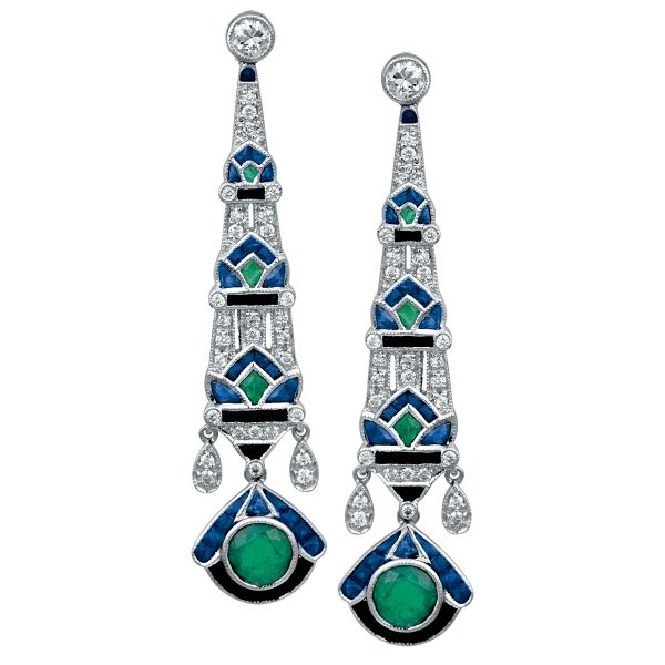 New 5.32 Carats Emerald, Sapphire & Diamond Art Deco Style Dangle Earrings