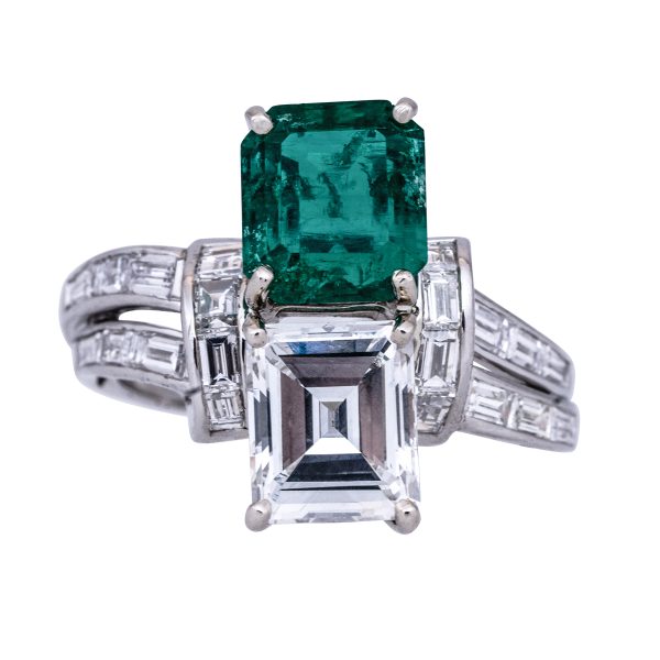 Vintage 4.98 Carats Emerald & Diamond Bypass Ring