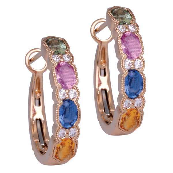 New 2.07 Carats Multicolor Sapphires & Diamond Hoop Earrings