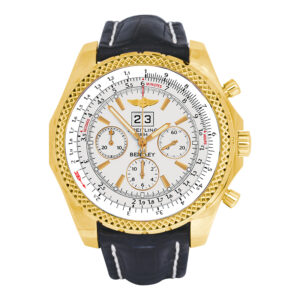 Breitling watch with a gold case, silver dial, and blue leather strap