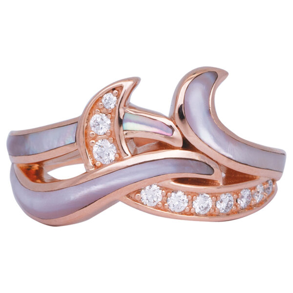 rose gold abstract wavy ring set with white diamonds and mother-of-pearl inlay